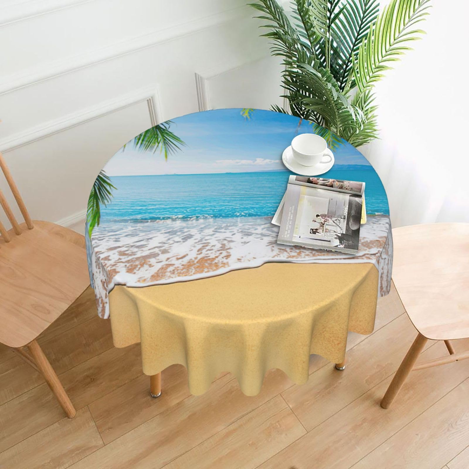 Uusnwaa Ocean Sea Beach Palm Leaves Print Round Tablecloth 60 Inch, Stain Wrinkle Resistant Washable Polyester Table Cover For Kitchen Party