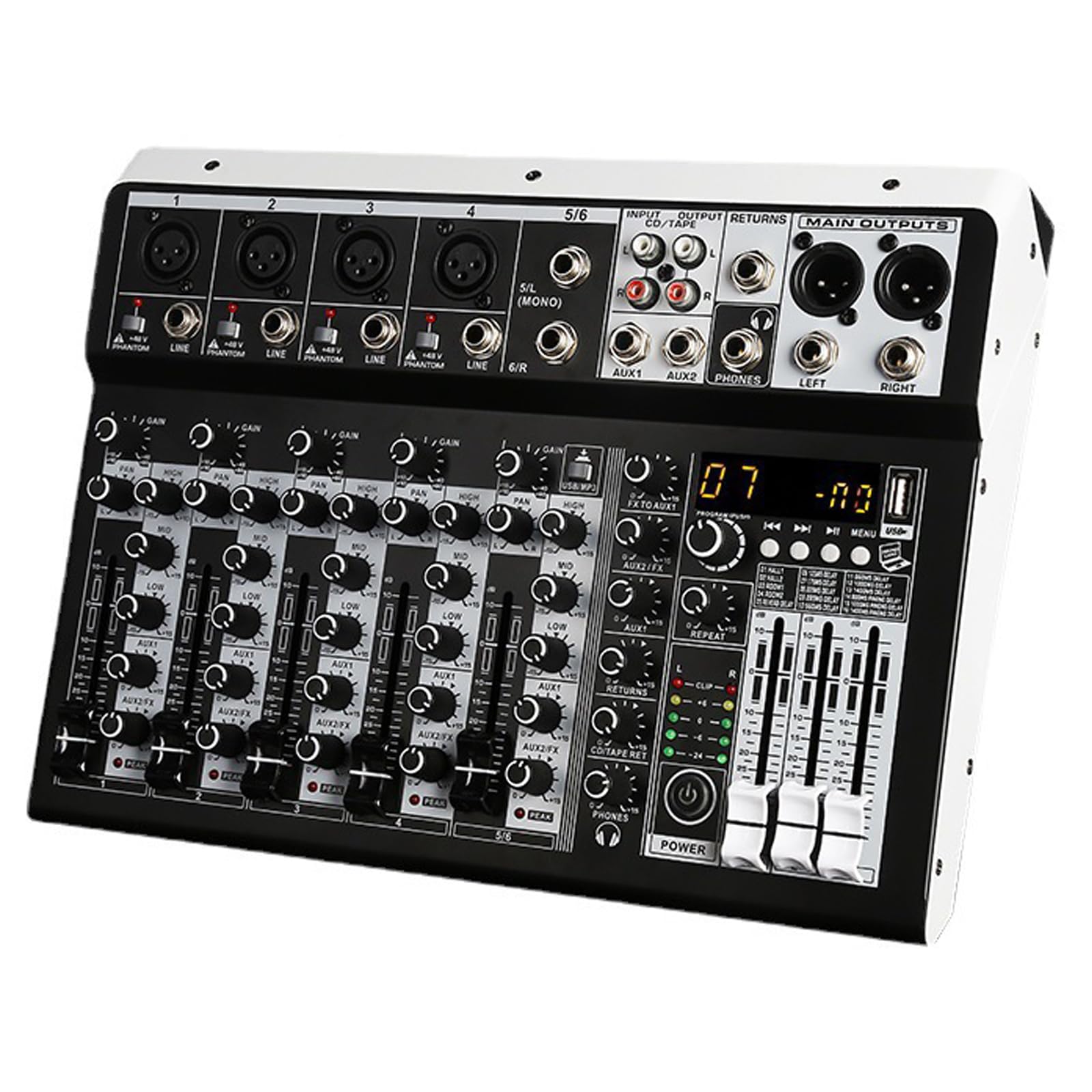 Mixer audio a 4/6 canali, ingresso 48 V Phantom Power Stereo DJ Mixer, 99 DSP effetti di ritardo di riverbero connessione USB al computer, per esibizioni dal vivo, streaming, registrazione