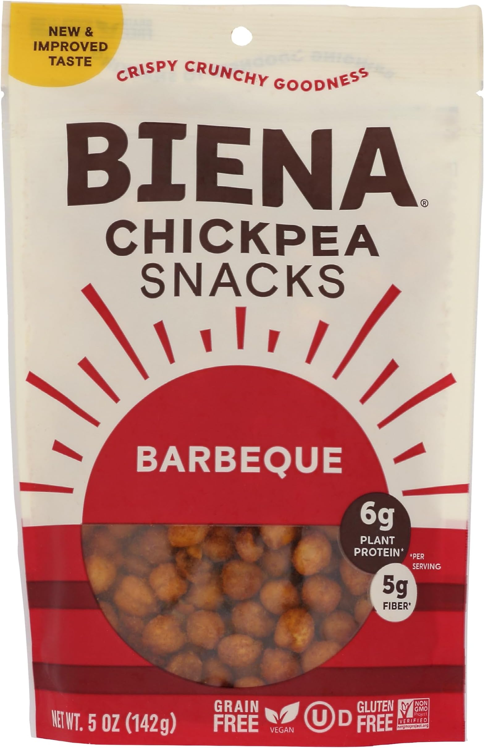 BIENA Chickpea Snacks - Crunchy Roasted Chickpeas - High Fiber Vegan Protein Snacks for Adults and Kids - 5 Ounce Individual Pack - Barbecue