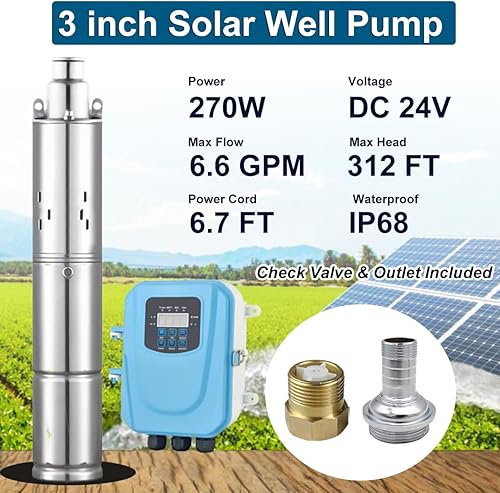 Miniatura 2 de Bomba de pozo solar, bomba sumergible de pozo profundo de 24 V 270 W CC, 3 pulgadas de diámetro exterior, accionada por energía solar, con