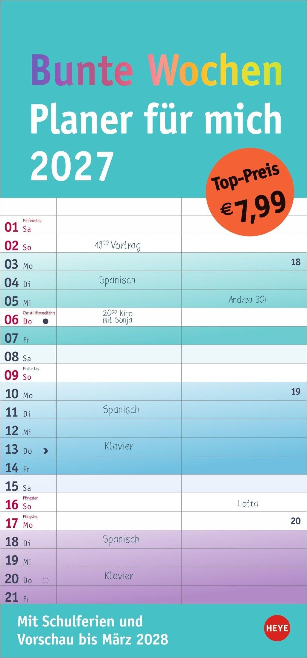 Bunte Wochen Planer für mich 2027: Praktischer Wandplaner mit 2 Spalten. Wandkalender mit Schulferien und 3-Monats-Ausblick aufs Folgejahr. Terminkalender 2027 zum Eintragen.