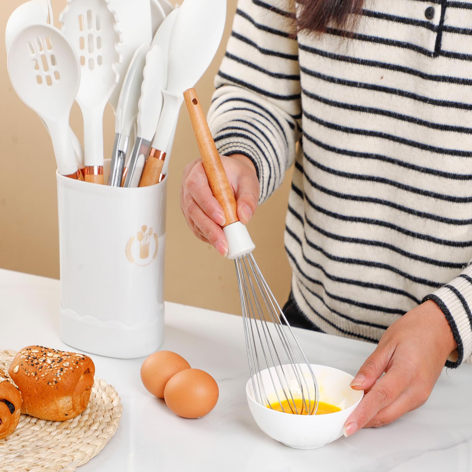 Set di 13 utensili in silicone con manico in legno, antiaderenti, lavabili in lavastoviglie, utensili da cucina senza BPA, resistenti al calore (230 °C/230 °C) padella in ceramica sicura