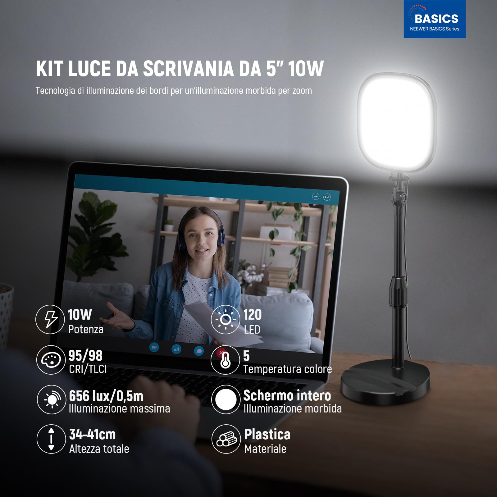 NEEWER BASICS 5" Luce Scrivania per Videochiamate, LED Ring Light a Schermo Intero con Stand, CRI95 10W Bicolore Edge Lit lluminazione Conferenze Zoom Streaming Computer Laptop Webcam Telefono, NL10