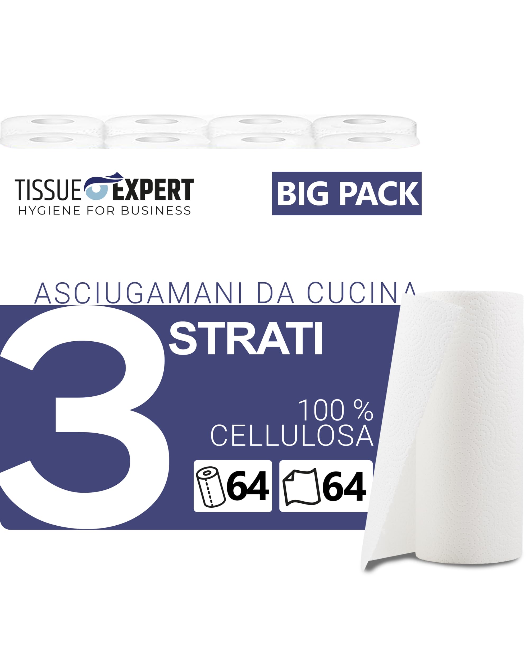 Asciugamani da cucina, 64 rotoli da 64 fogli, rotoli da cucina a 3 strati, 100% cellulosa, rotoli assorbenti per la casa, asciugamani di carta, carta da cucina
