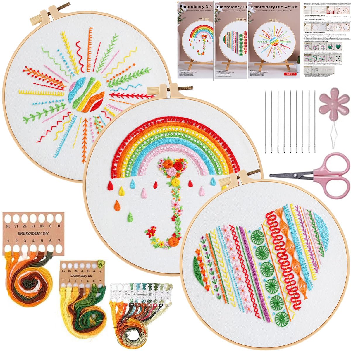 Photo 1 of *Damaged* Konrisa Easy Embroidery Kit for Beginners Stamped Embroidery Starter Kit DIY Sewing Needlepoint Cross Stitch for Adults, Stitch Practice Kit 3 Embroidery Fabric Pattern