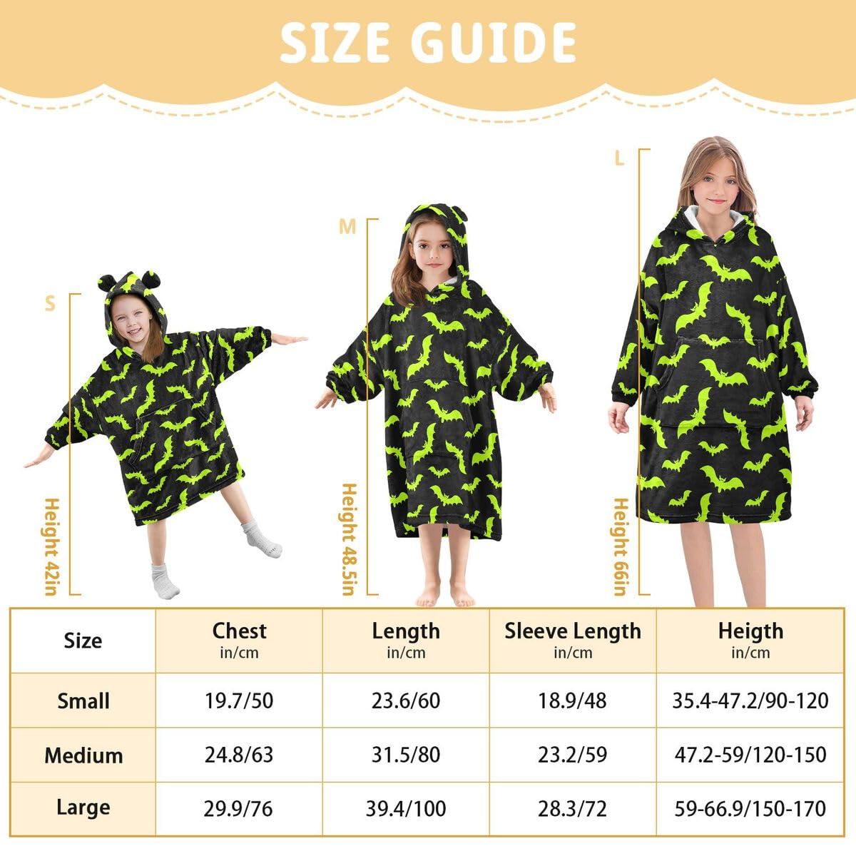 Green Bats dziecięcy koc do noszenia z kapturem oversize bluza koc sweter Halloween dla chłopców i dziewcząt w wieku 3-14 lat
