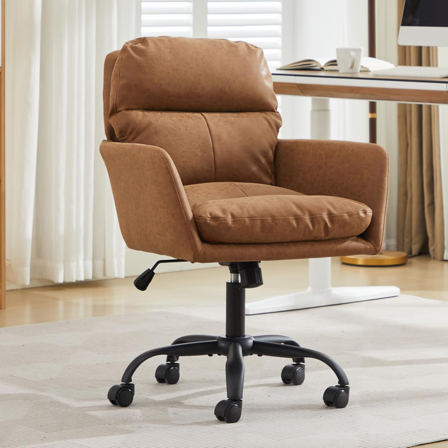 YITAI Adjustable Home Office Desk Chair with Comfy Square Mid-Back, Faux Leather 360 Swivel Upholstered Task Armchair with Wheels for Vanity Bedroom/Living Room,Study Brown
