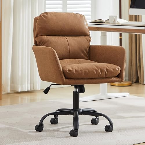 Miniatura 2 de YISHENG Silla de escritorio de piel sintética para oficina en casa, silla giratoria ajustable para computadora con ruedas y brazos, cómoda silla