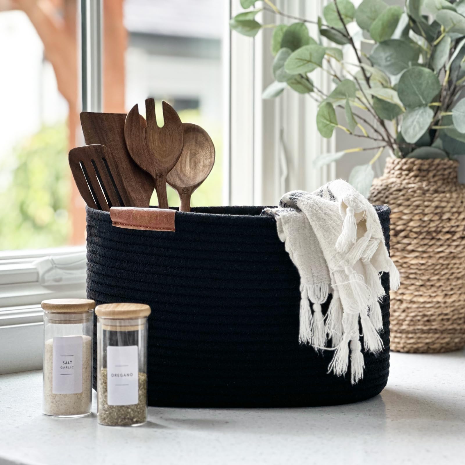 Cestas para organizar, cesta de almacenamiento con asas y etiqueta decorativa de cuero, cesta tejida para juguetes, toallas, paños, zapatos, cesta negra, 3 paquetes 7
