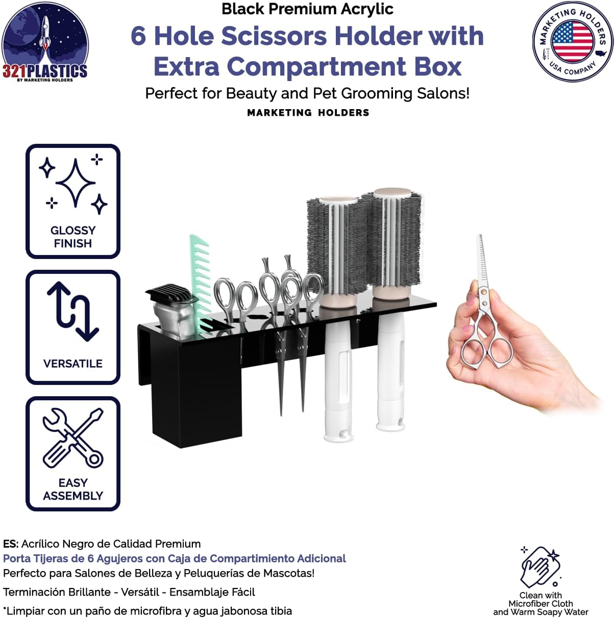 Black Acrylic Brush Holder with Hardware 4 Scissor Holes 2 Brush Holes Wall Storage with an Extra Box Shears Hair Trimmers Organizer for Salon Hairdresser Hair Stylist Barber by Marketing Holders