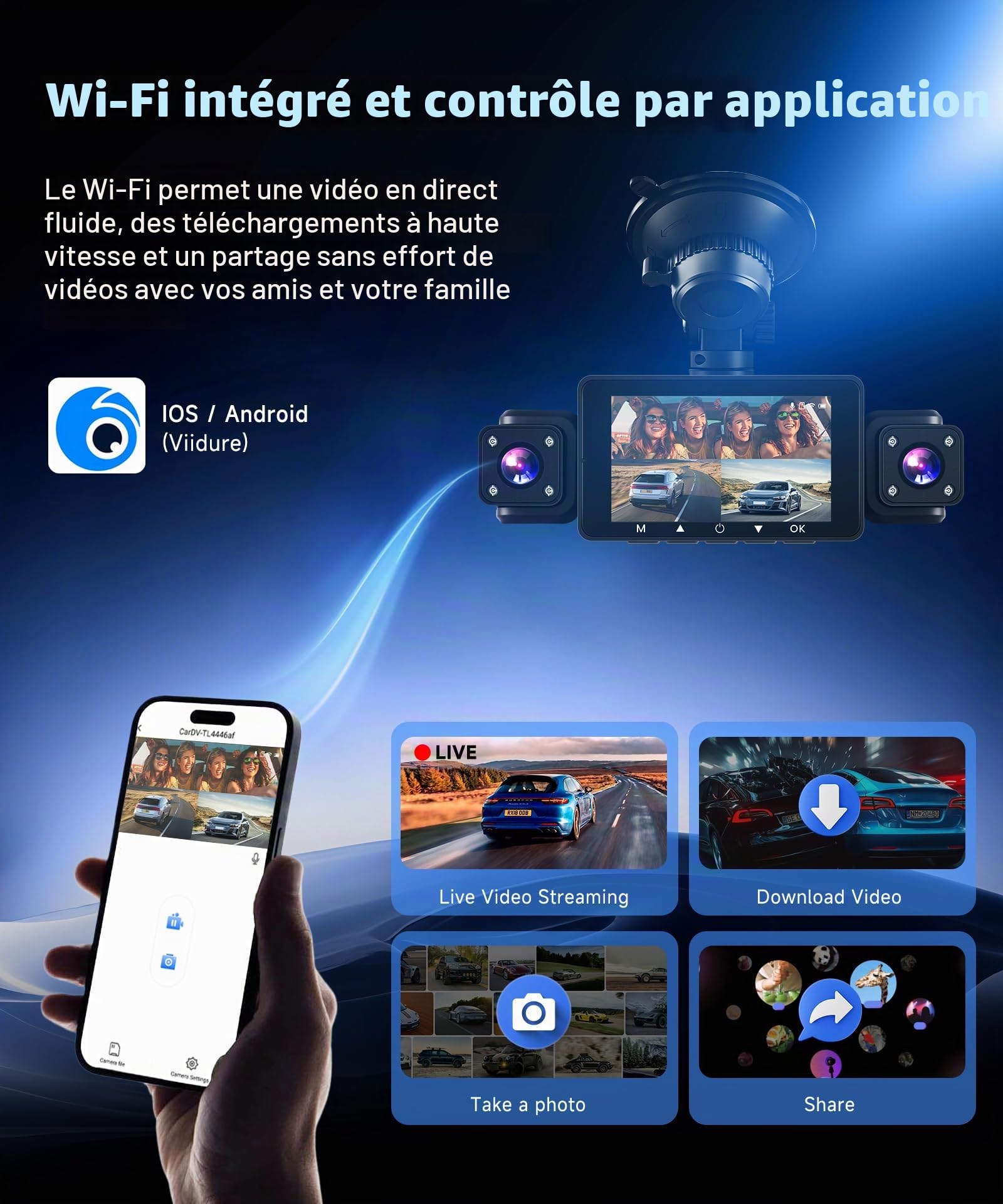 Caméra de Tableau de Bord 1080P Avant et arrière avec WiFi,4 caméras de Voiture avec écran IPS de 3",Vision Nocturne,capteur G,Enregistrement en Boucle, Protection à 360 degrés,avec Carte SD 64 Go