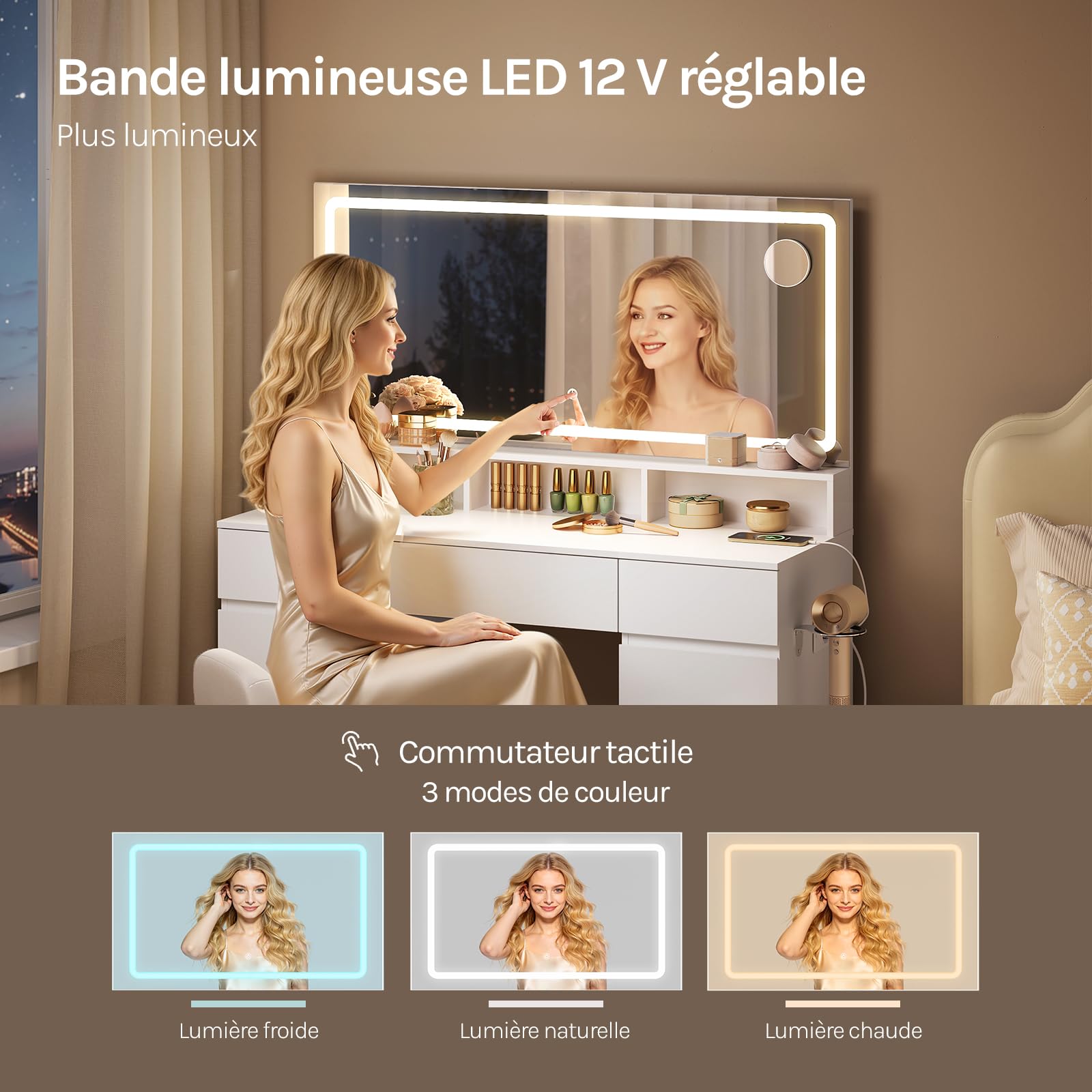 WOLTU Coiffeuse avec Grand Miroir LED et Miroir Grossissant, Table de Maquillage avec Station de Charge, 9 Tiroirs, 3 Étagères & Support Sèche-Cheveux, Meuble Moderne en Bois pour Chambre, Blanche