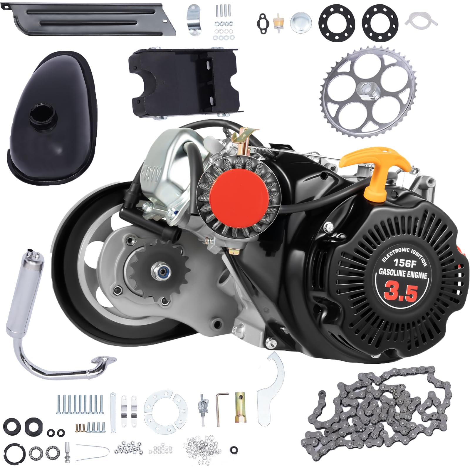 Kit motore per bicicletta a 4 tempi, kit motorizzato per bici da 100 cc, 3600 giri/min monocilindrico ad aria CDI accensione 3.5HP Motore a gas fai da te Set completo 44 denti 2L serbatoio carburante
