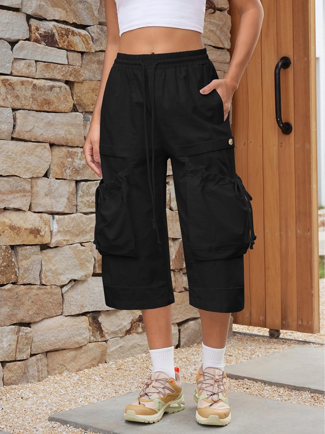 Aoysky Womens Wide Leg Cargo Pants Baggy Elastic Waist Drawstring Loose Cotton Workout Outdoor Capri Pants with Multi Pockets - Image 2