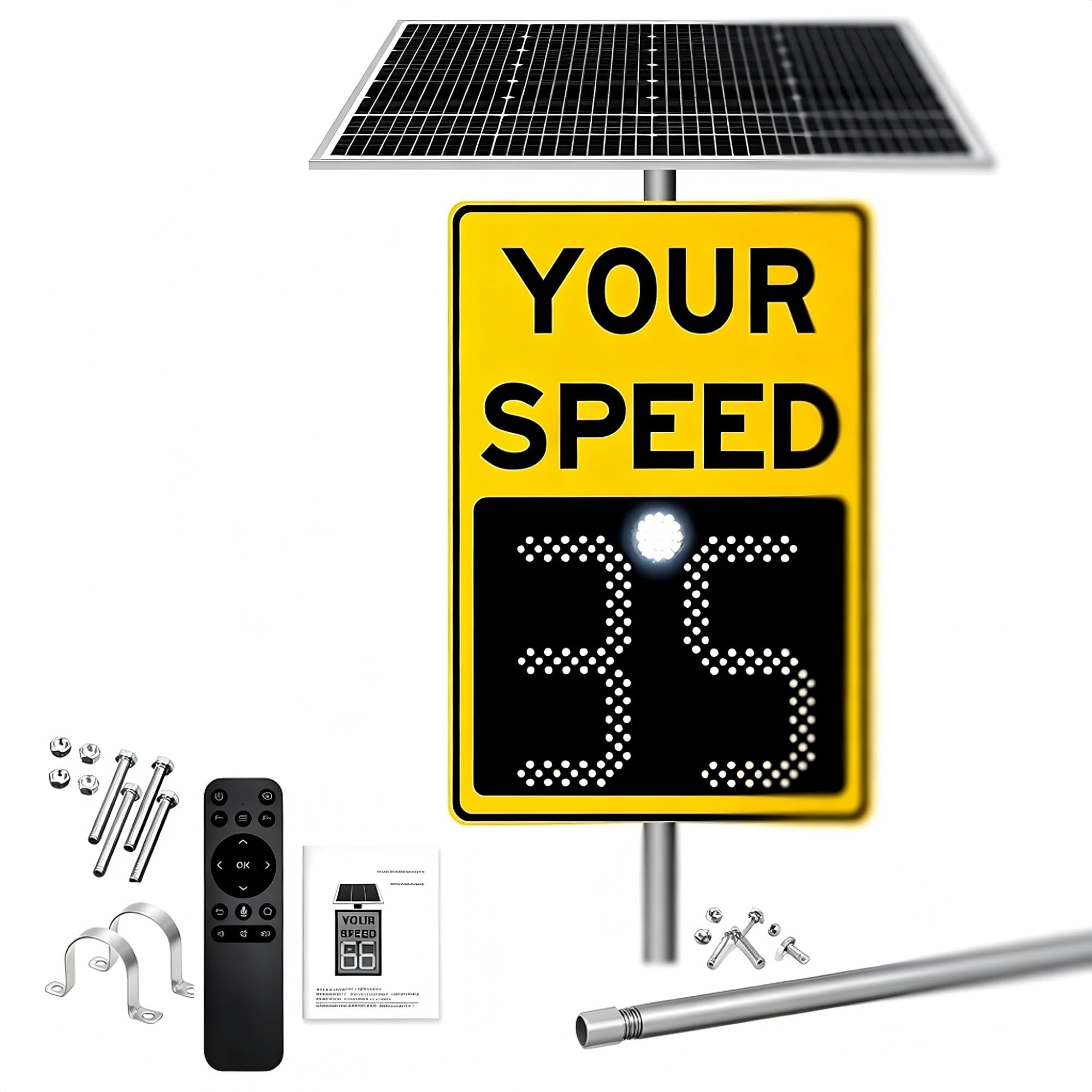 Detector de velocidad digital, de aluminio inoxidable, alimentado por energía solar, con señal de radar y control remoto, 24x35 pulgadas, para calles y zonas residenciales.