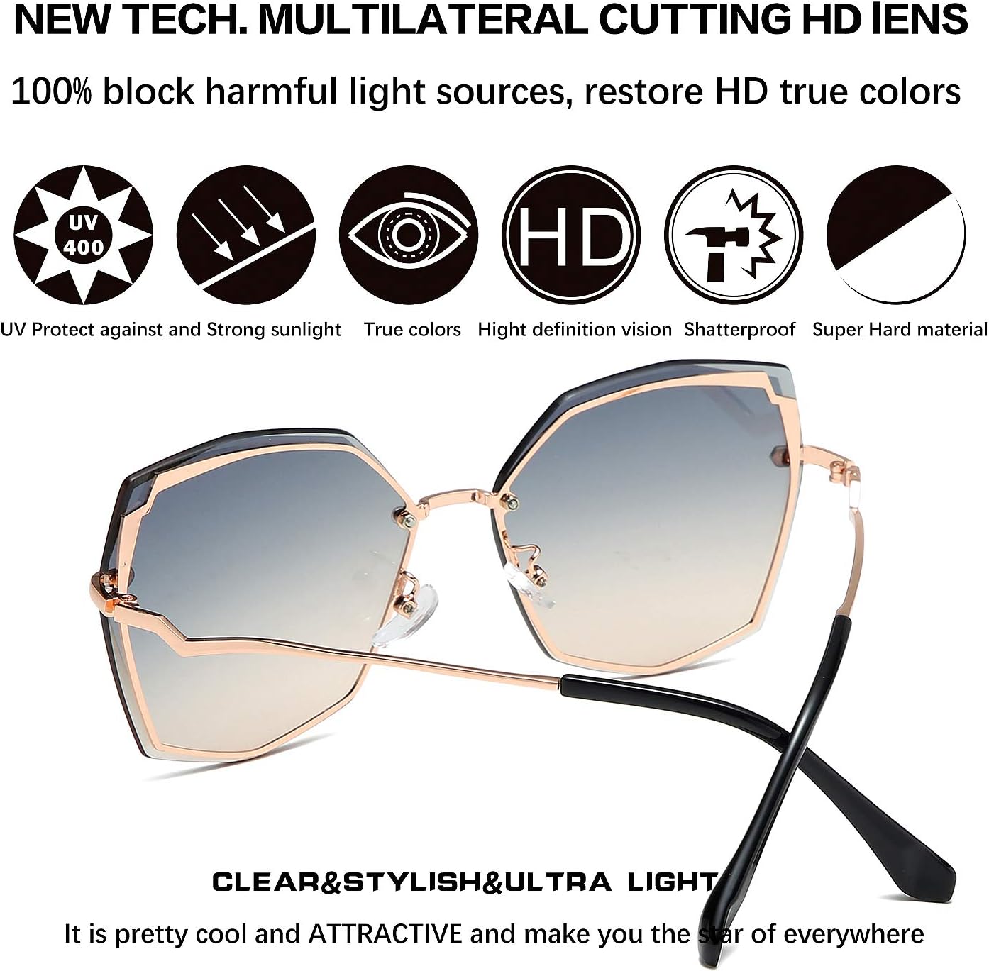 Sunglasses for Women trendy Polygon Oversized Fashion Designer Style Gradient UV400 octagon Lens Metal Frame - Image 4