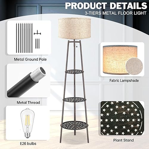 Miniatura 9 de Lámpara de pie de bronce con estantes para sala de estar, lámpara de pie, lámpara alta, Amparas Elegantes para Sala con pantalla de lino, lámpara de