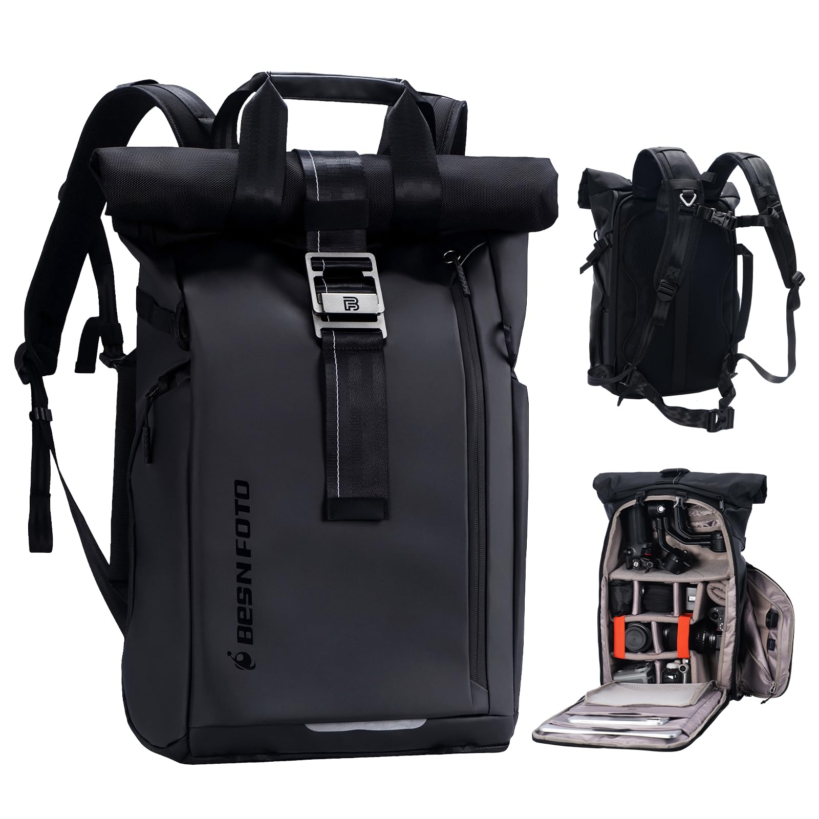 Besnfoto Waterproof Camera Backpack Rolltop Laptop Bag for DSLR Mirrorless