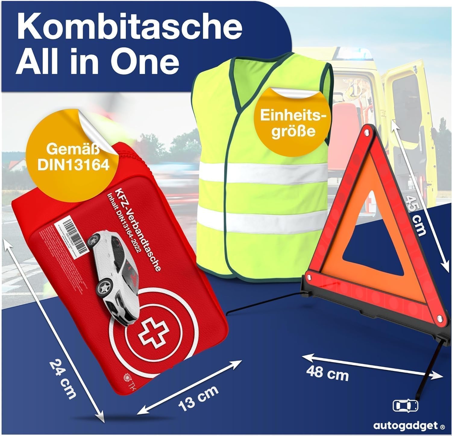 Kit 3 en 1 - Kit de premiers secours pour voiture 2024 : trousse de secours conforme à la norme EN ISO 20471, trousse de secours et gilet de sécurité, triangle de signalisation - Accessoires pour voit