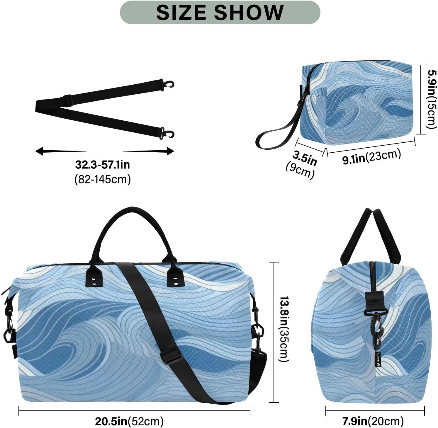 Blue Wave Ukiyo-e Duffel Bags Overnight Weekender Bags Large Gym Bag with Toiletry Bag for Sports Large Capacity
