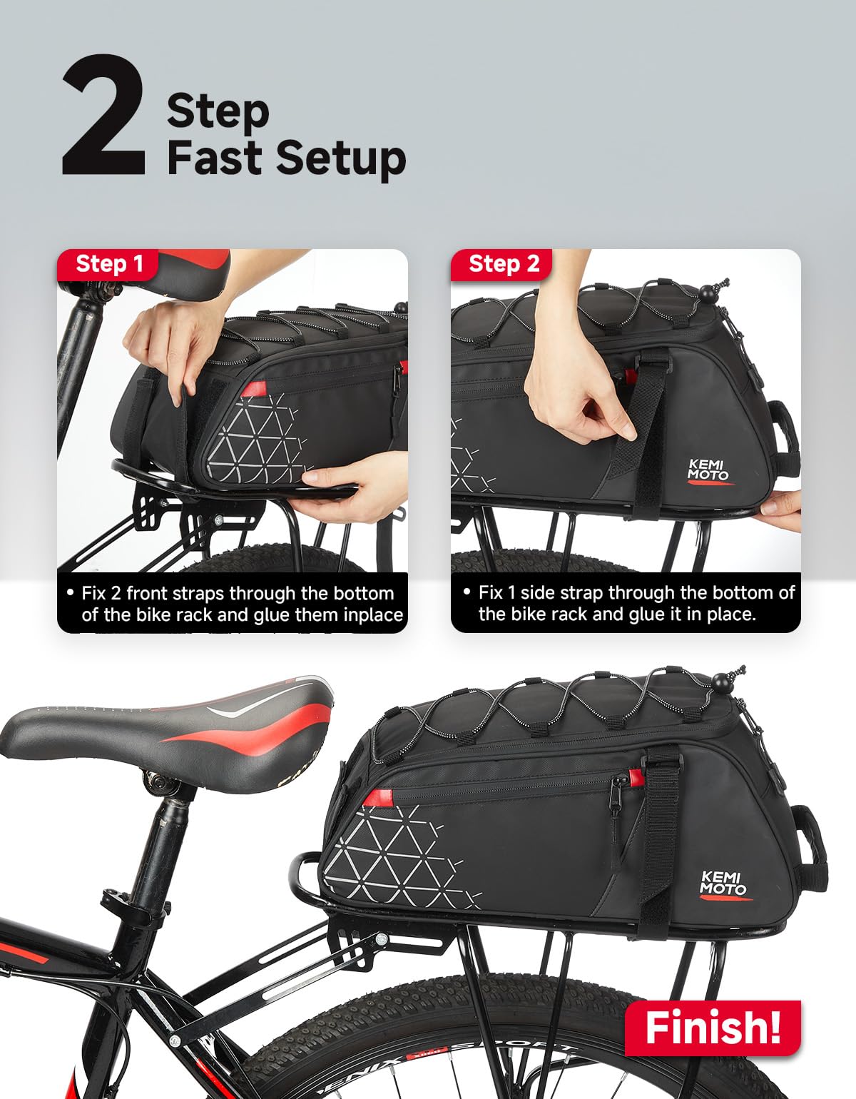 KEMIMOTO Borsa posteriore per portabici – 8L PVC resistente all'acqua Ebike borse per bicicletta | Borsa per bagagliaio da bicicletta, per pendolari, viaggi, shopping e ciclismo, con strisce riflettenti, leggera (nero)
