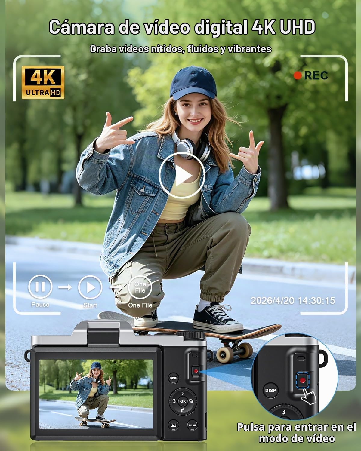 Cámara digital 4K con WiFi 64MP enfoque automático cámara de vlogging cámaras de viaje compactas para fotografía, pantalla abatible de 3 pulgadas 180°, zoom 16X, flash antivibración, tarjeta de 32 GB