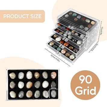 Rock Display Case, Rock Collection Box, 90 Grid Rock Collection Display Case, Crystal Display Shelf Organizer for Gemstone Fossil Crystal Stone Collectibles (large, grids, 90)