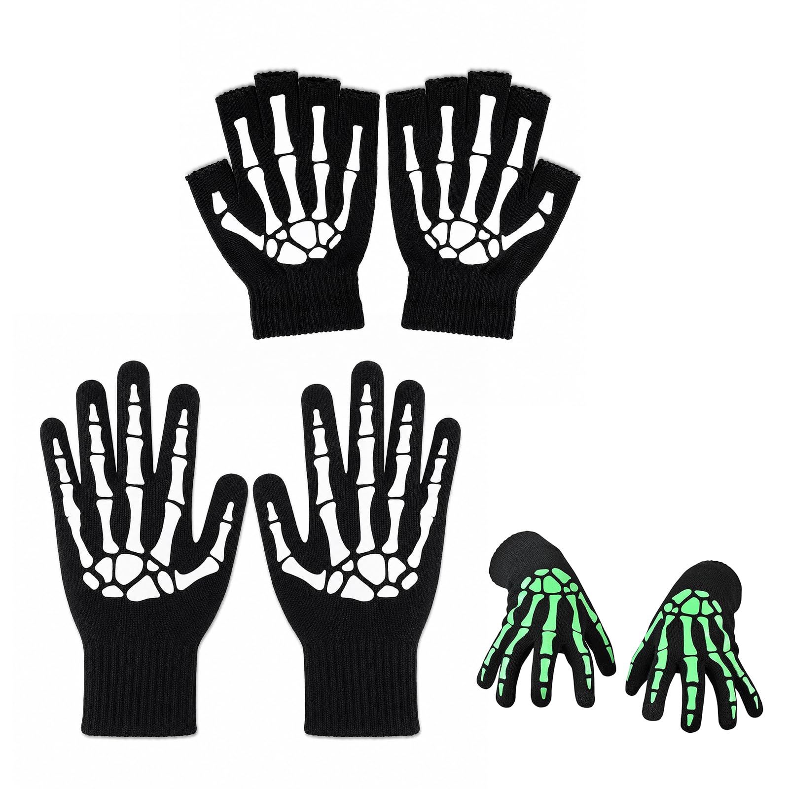 Kegiqipepu Halloween Costume Accessories, Skeleton Gloves for Women and Men, Glowing Bone Look, One Size, for Halloween Party and Stage, Knit, Black