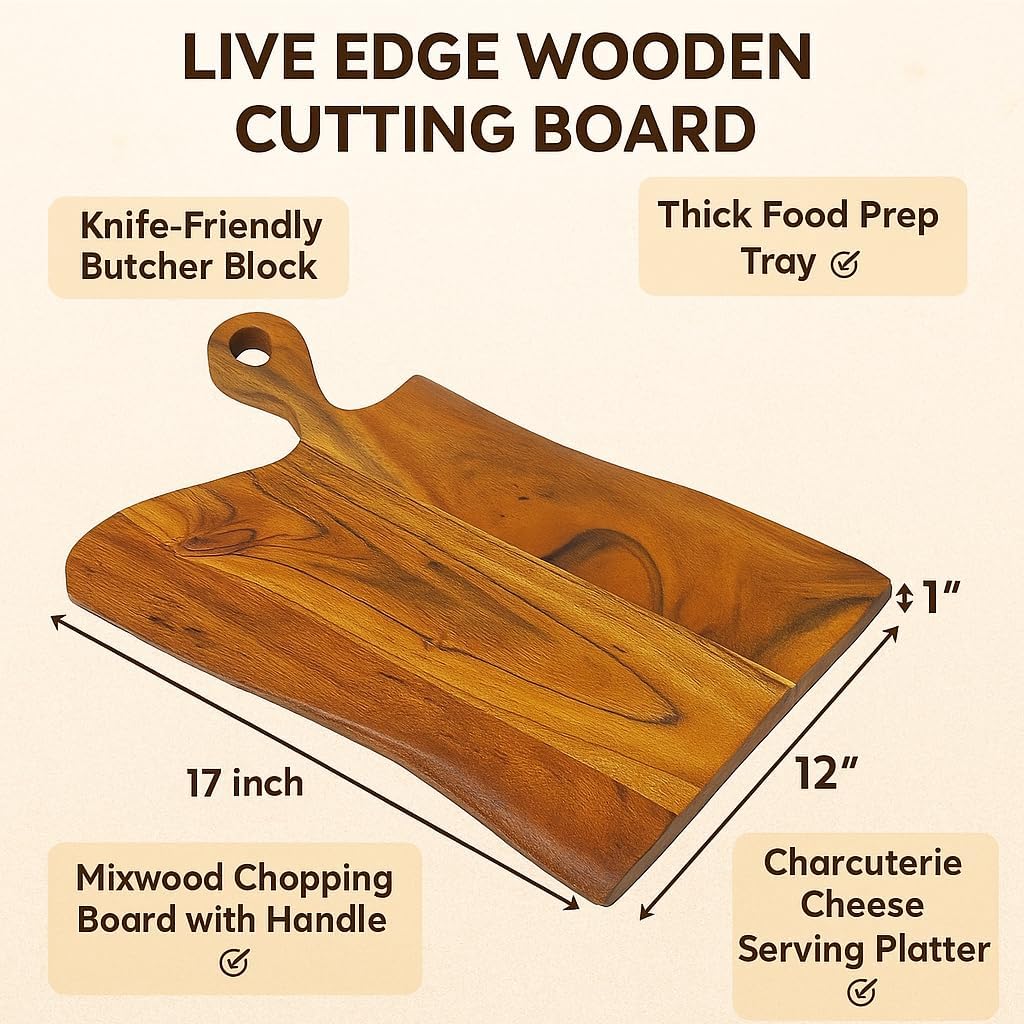 Live Edge Wooden Cutting Board, Mixwood Chopping Board with Handle for Kitchen, Knife-Friendly Butcher Block, Charcuterie Cheese Serving Platter, Thick Food Prep Tray for Meat, Vegetable, 17"x12"