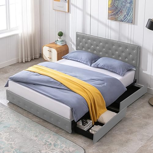 Mjkone Base de cama tapizada de plataforma Queen con 4 cajones de almacenamiento, marco de cama moderno de piel sintética con cabecera ajustable,