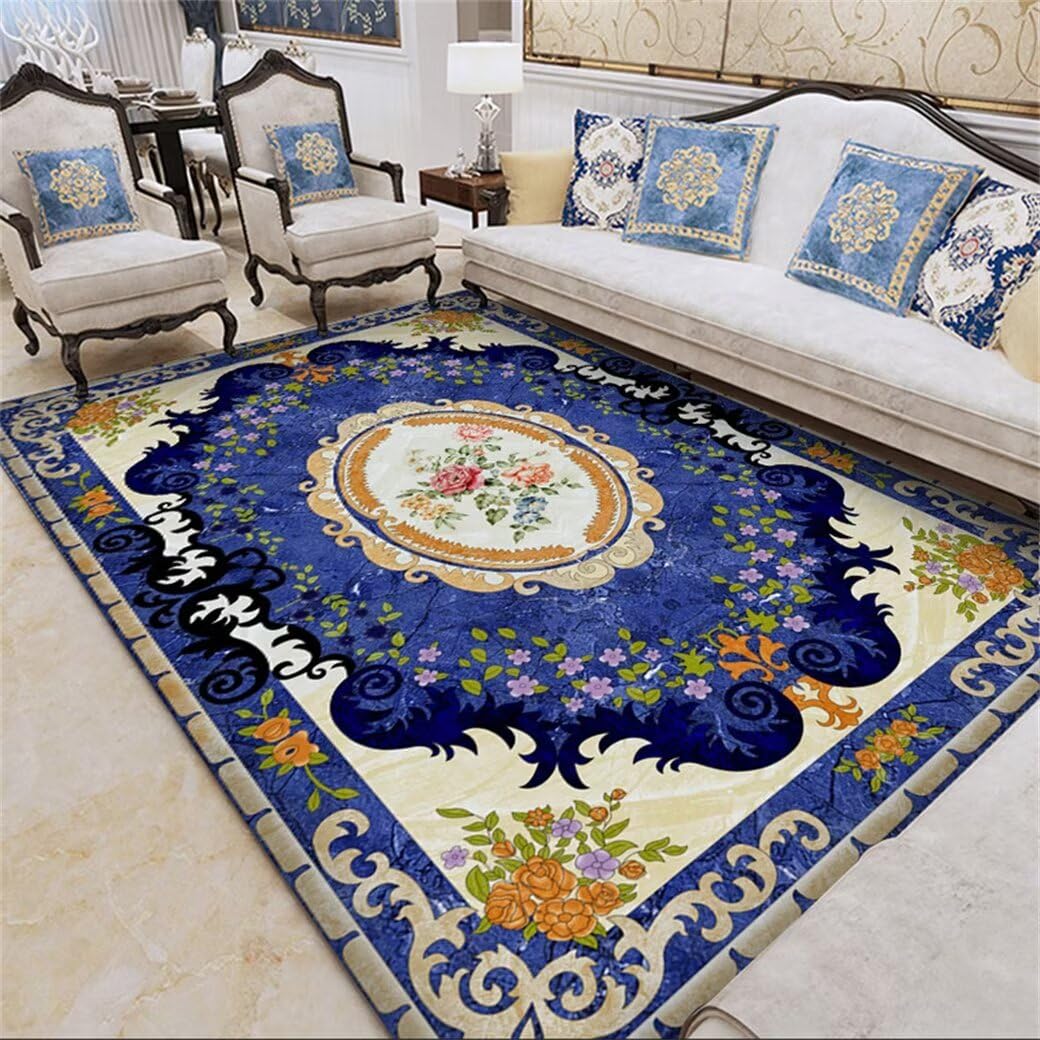Tapis de salon pas cher lavable en machine et traité antiacarien bleu