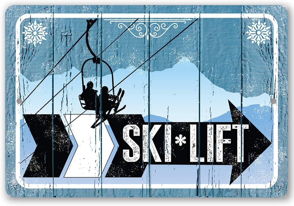 Vintage Ski Signs – Lift Directional Sign Right – Tin Wall Sign for Indoor Outdoor Use – Rustic Lodge Style Wall Art, Mountain Cabin Theme Decoration, Alpine House Display Accent