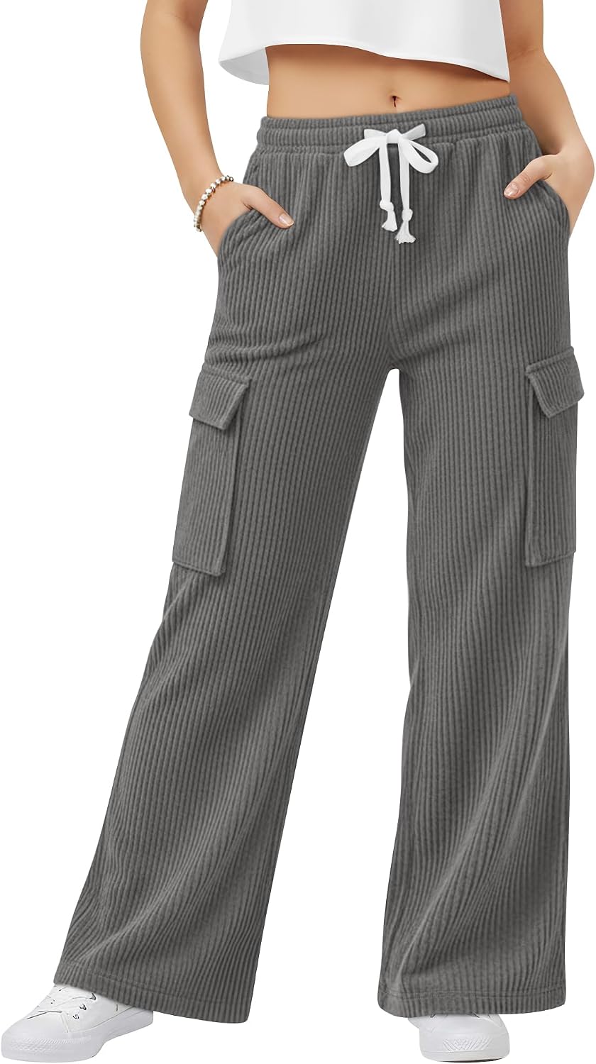 Girls Cargo Pant Lightweight Corduroy Kids Drawstring Trouser with Pockets Elastic Waist Jogger Size 5-14 Years