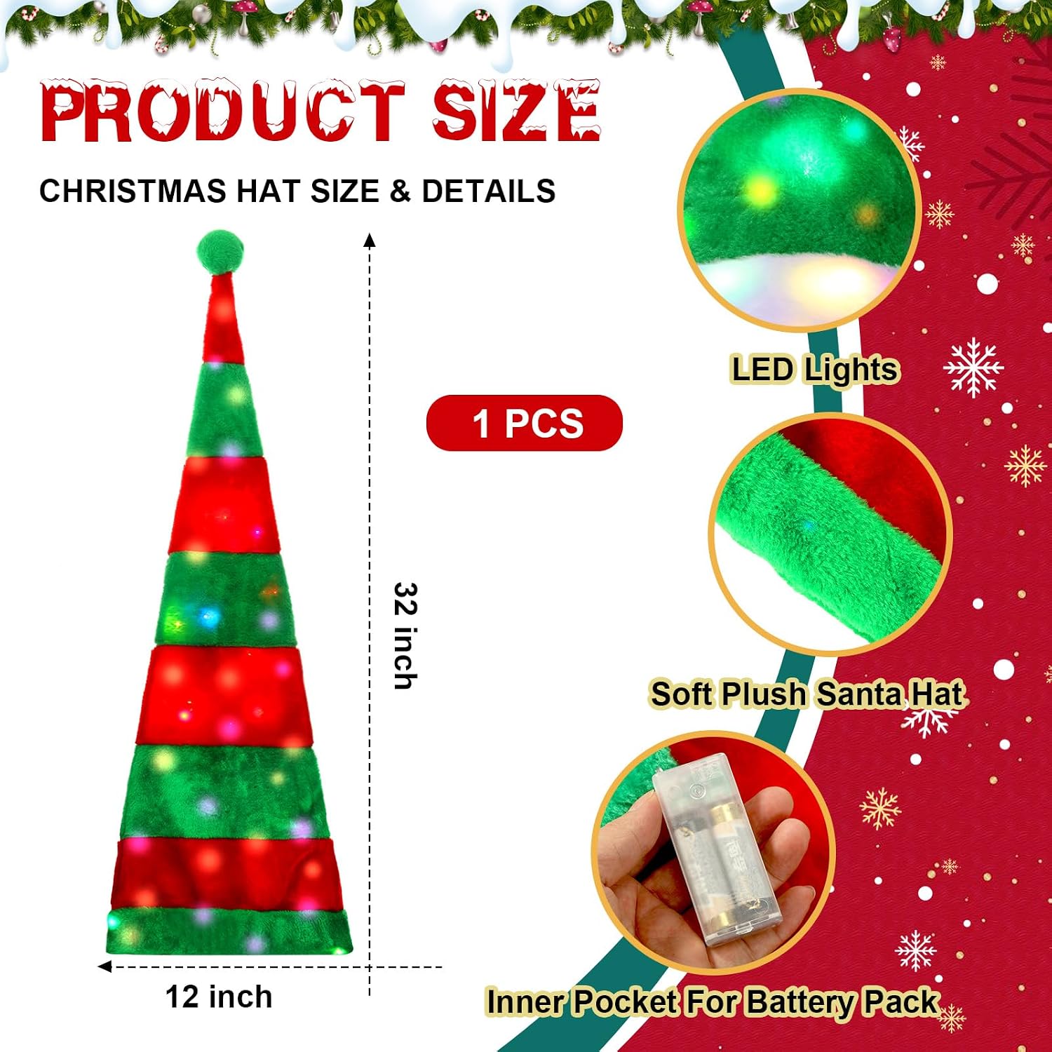 Estune Light up Christmas Hat Necklace Set LED Plush Santa Hat Lighted Bells Necklace, Xmas Costume Accessories for Adult