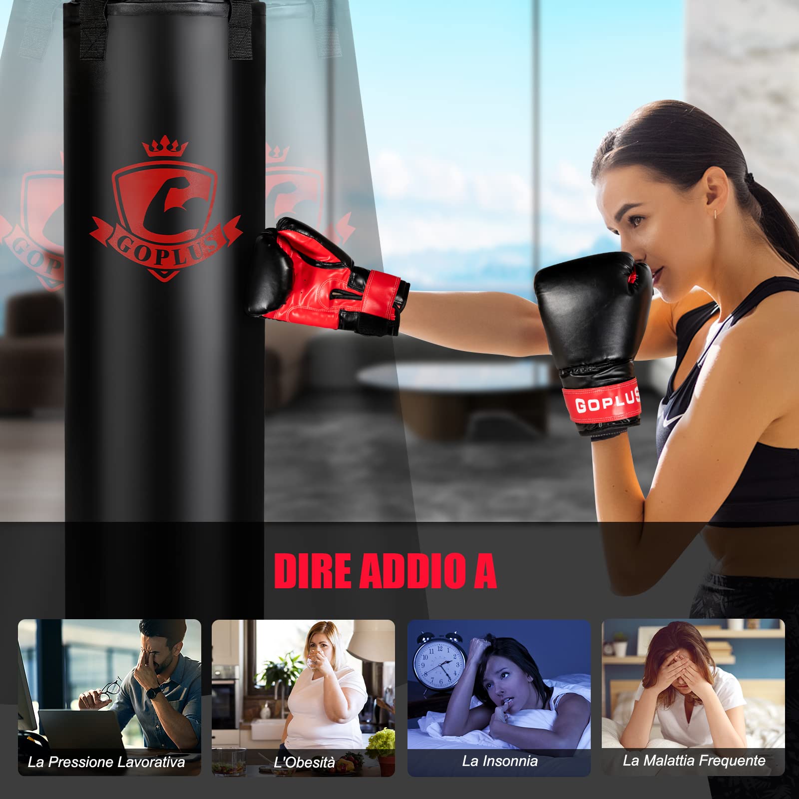 COSTWAY Sacco da Boxe per Adulti 29 kg | Sacco da Boxe Appeso con Guanti, Gancio e Fasce per Mani, Ideale per Muay Thai, Karate e Taekwondo