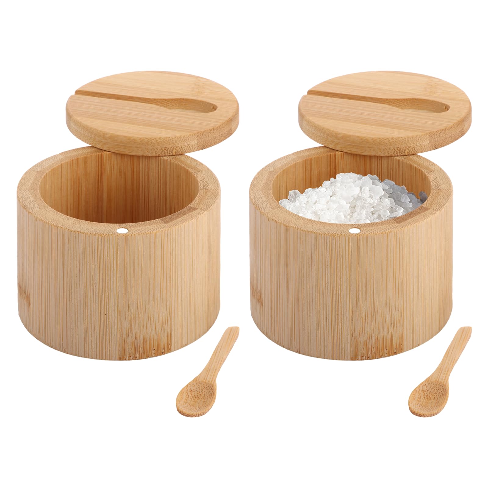 ASelected 2PCS Bamboo Salt Box,Wood Salt Cellar Bowl Box with Serving Spoon,Salt Pig,Elegant Kitchen Salt Container with Magnetic Swivel Lid,Kitchen Container Holder for Spices,Herbs,Salt,6.2 OZ