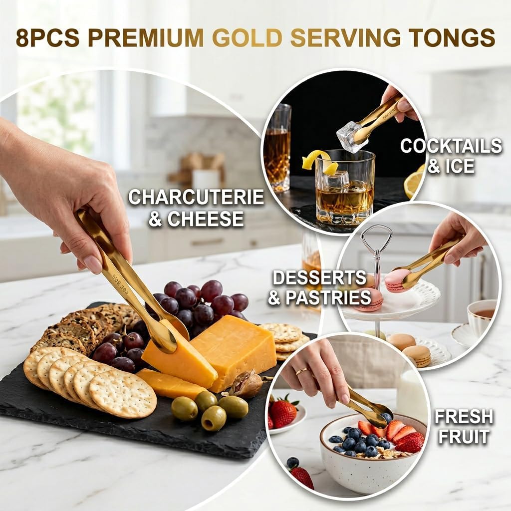 8 Pack Gold Mini Serving Tongs, 4.3 Inch Stainless Steel Small Tongs, Tiny Appetizer Tongs for Charcuterie Board, Sugar Cubes, Ice, Desserts, Buffet, Tea Party, Party & Wedding Serving Tools
