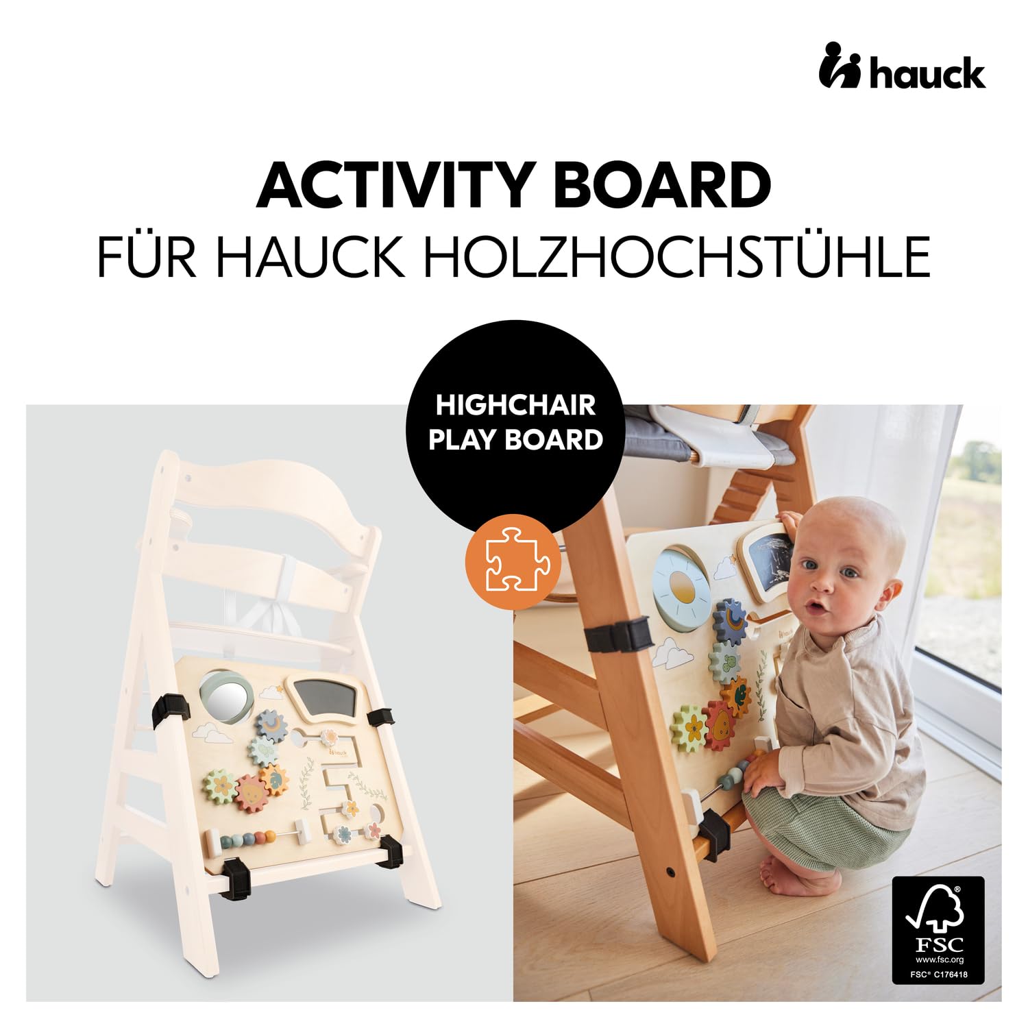 hauck Activity Board für Alpha+, Beta+, Arketa Hochstuhl, Spielen & Lernen ab 10 Monaten, FSC Zertifiziertes Holz, Schnelle Klettverschluss Befestigung