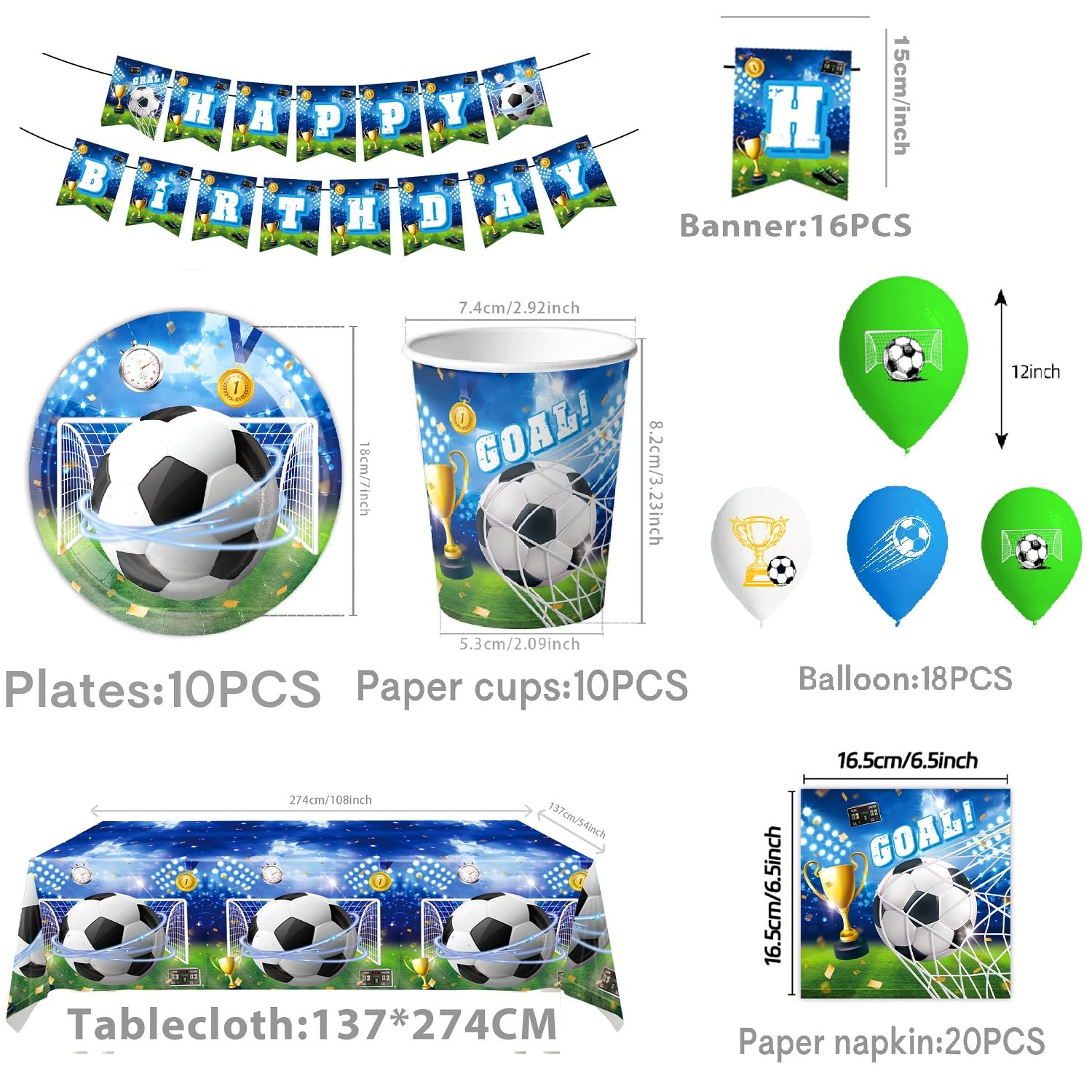 Set di stoviglie per feste di calcio, compleanno, decorazioni per feste di calcio, calcio e feste di compleanno