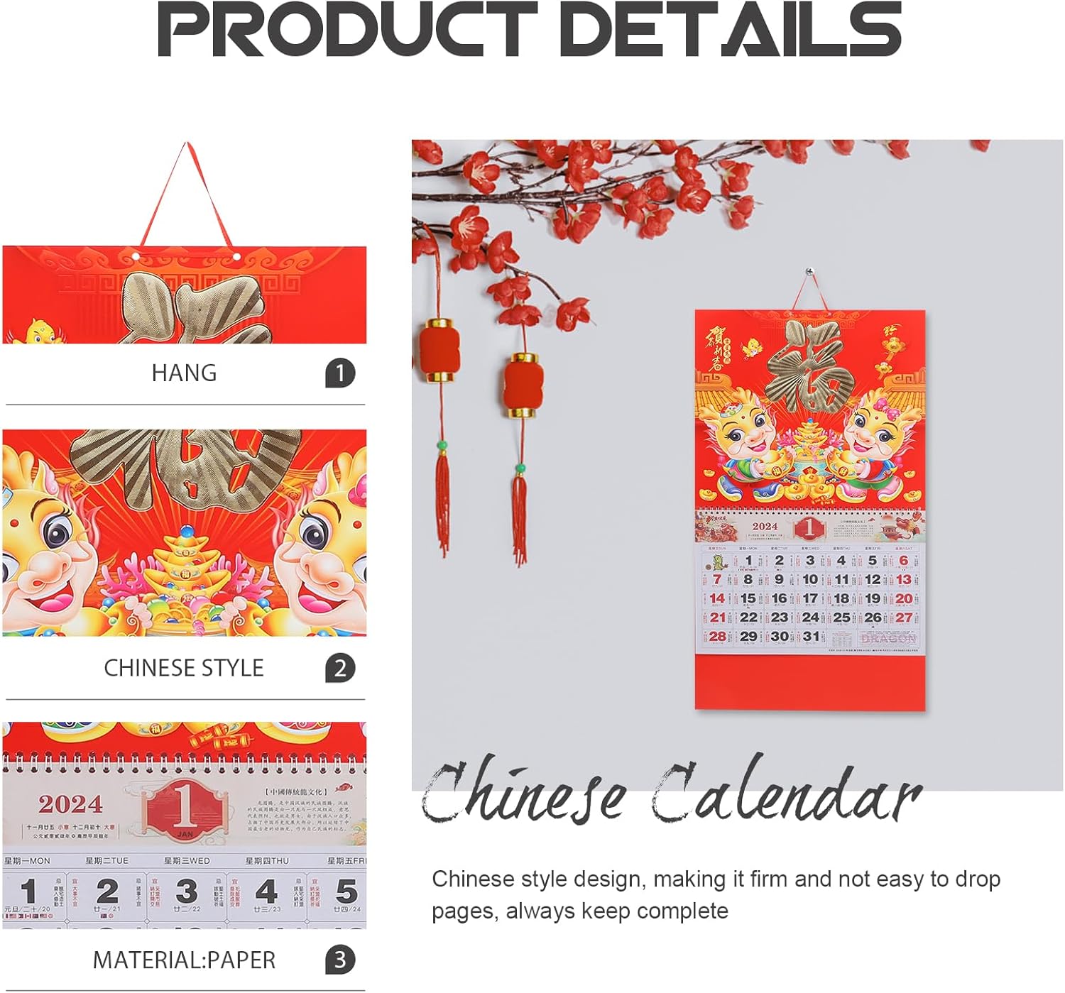 2024 Chinese Calendar Year of The Dragon Monthly Hanging Calendar Chinese New Year Home Decorations Calendars