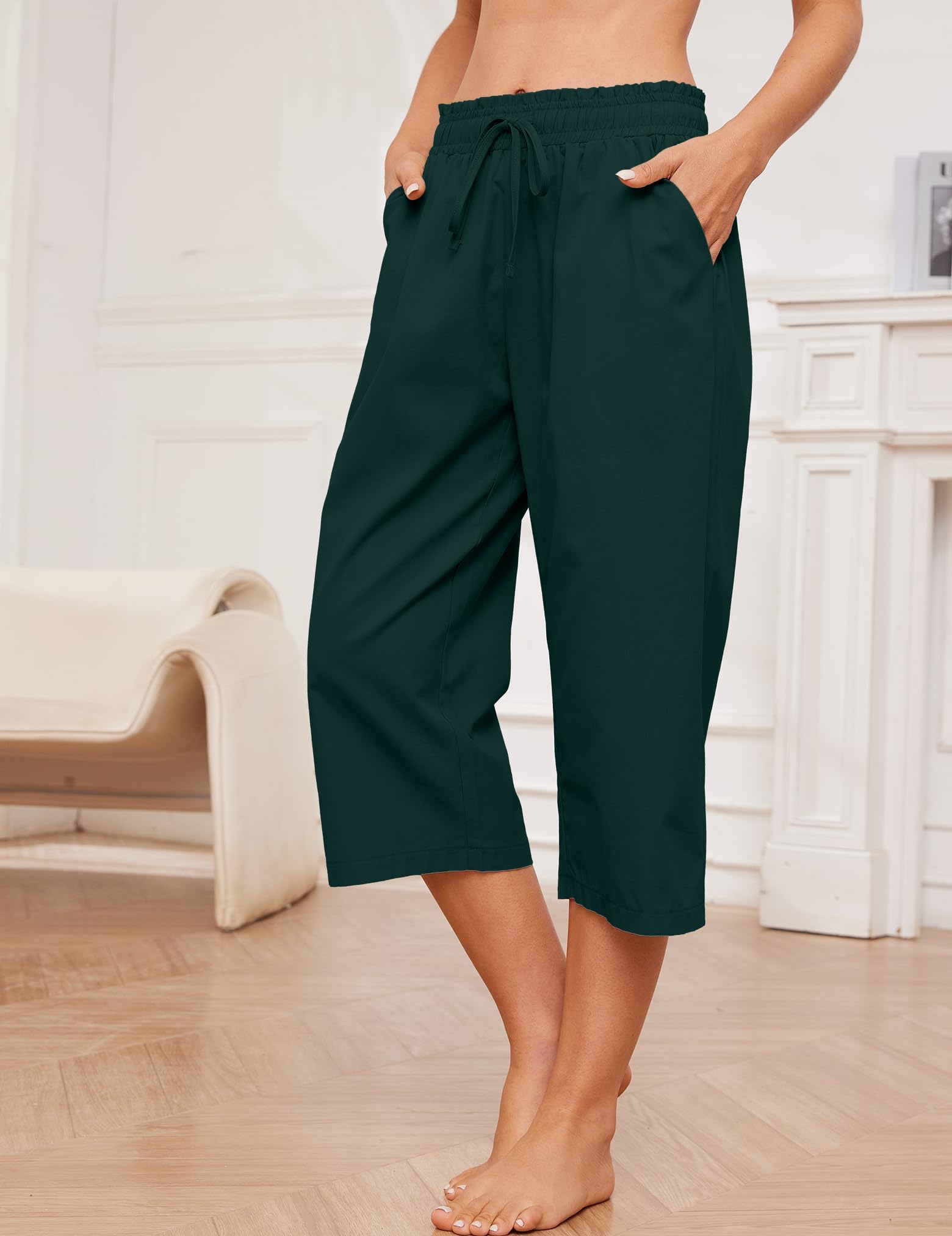 Womens Wide Leg Capri Pants Drawstring Elastic High Waist Joggers Pants Casual Cropped Trousers with Pockets