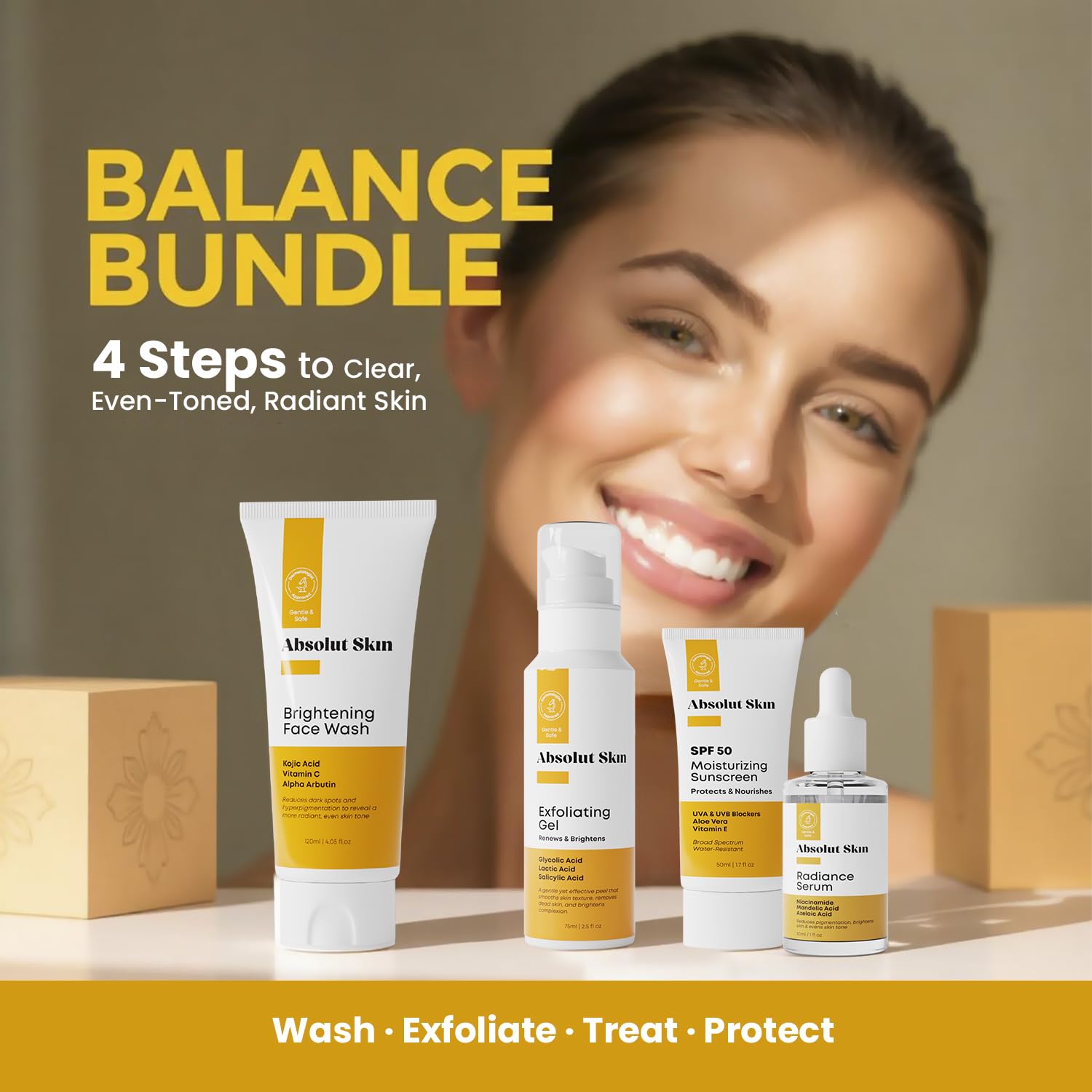 AbsolutSkin Balance Bundle – 4-Step Skincare Routine for Radiant, Even Skin – Includes Face Wash, Exfoliator Gel, Radiance Serum & SPF50 Sunscreen – Brightening Essentials Kit - Image 2