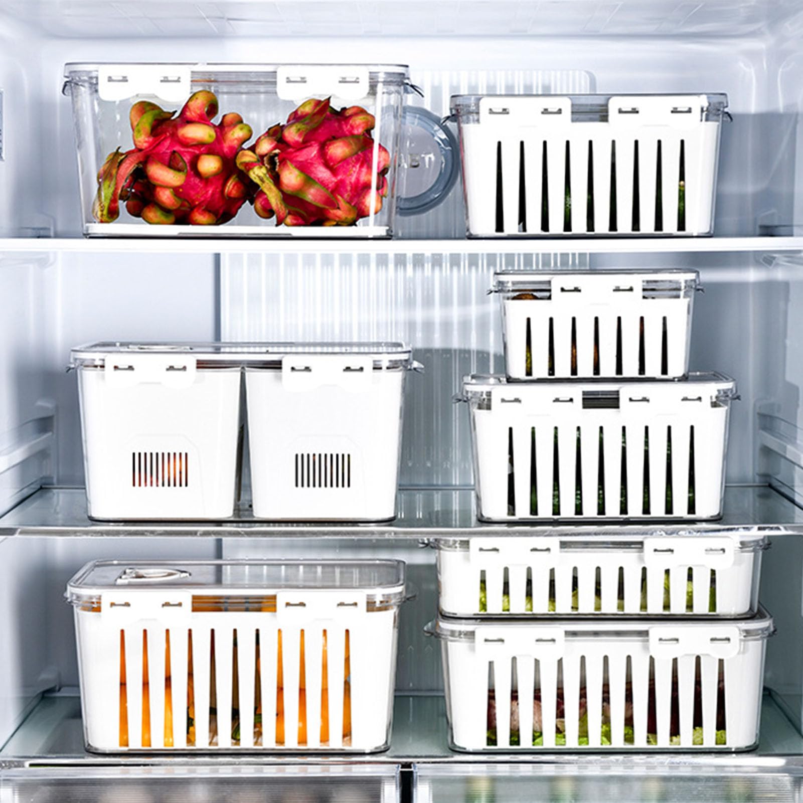 Luftdichter Frischhaltebehälter mit Sieb, Datumsanzeige, Stapelbares Design, für Kühlschrank mit Gefrierfach, Hält Obst und Gemüse Länger Frisch (Weiß M)