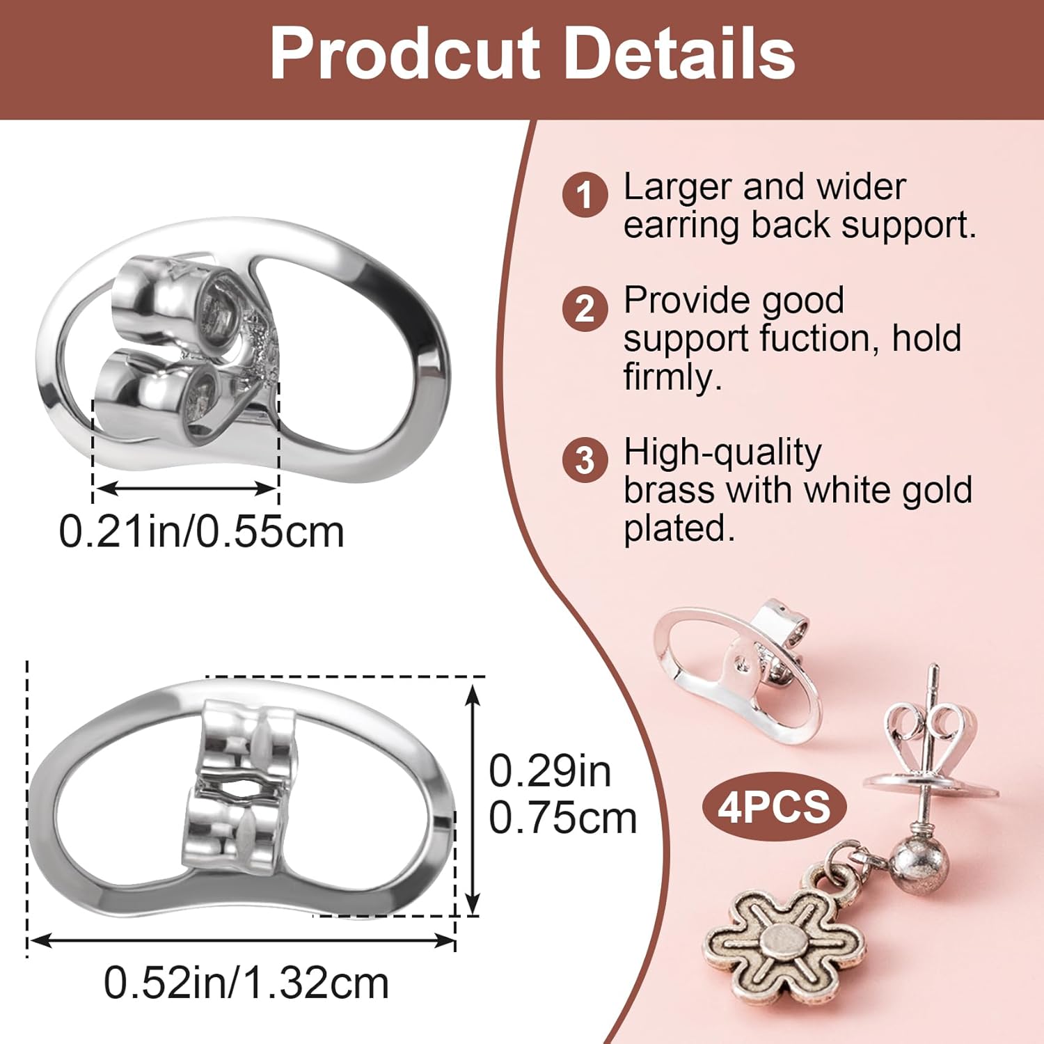 4pcs Earring Backs for Droopy Ears, Hypoallergenic Earring Lifters Backs, Metal Earring Supports for Heavy Earrings Studs Hook Earrings Stretched Earlobes- Silver - Image 2