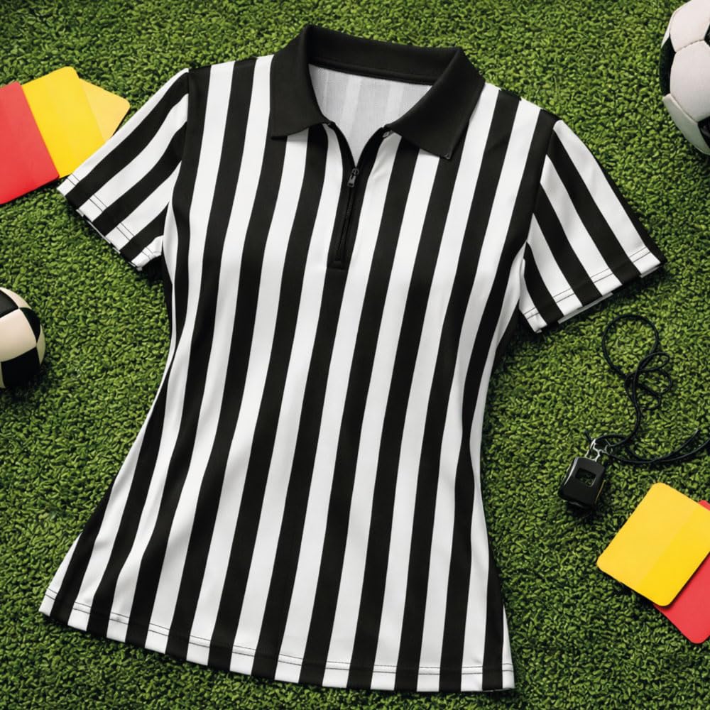 Nationwear Maglia Arbitro a Righe per Uomo e Donna – T‑Shirt Classica Nero & Bianco con Colletto e Mezza Cerniera, Manica Corta, Leggera in Poliestere Asciugatura Rapida