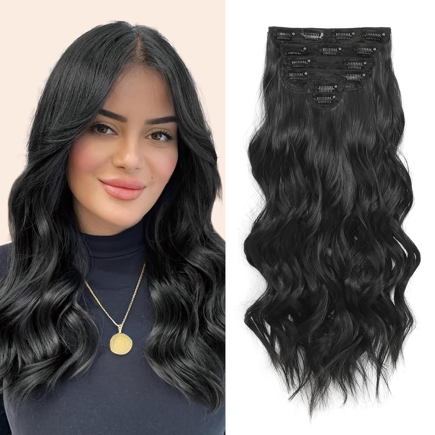 Synthetic Clip in Hair Extensions, 6 PCS 1 6 Inch Hair Extensions Clip Ins, Black Long Wavy Hairpieces(16inch, 6pcs, Black) Natural Black 16 Inch ( 6 PCS )