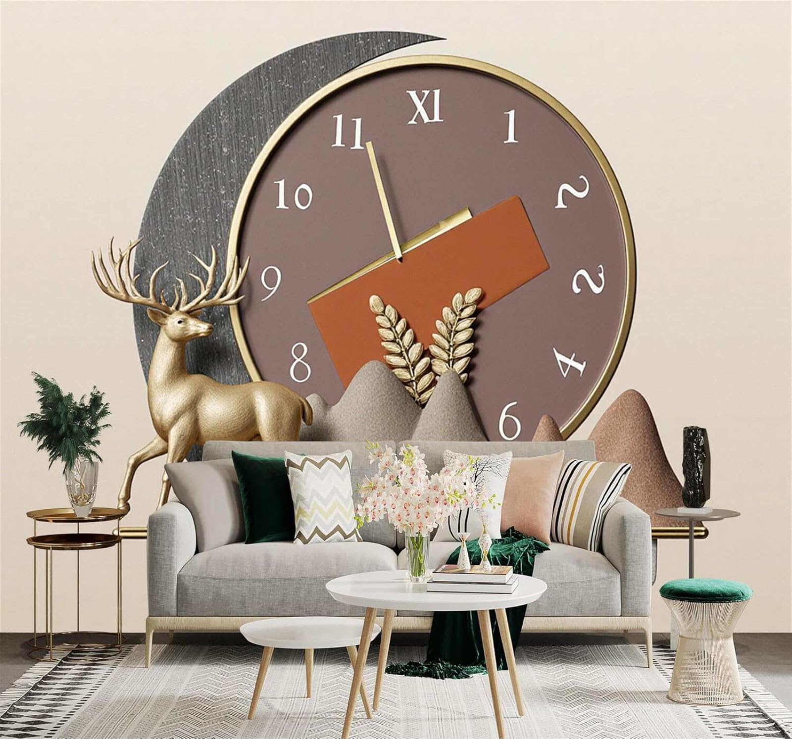 3D Papel Pintado Minimalista Creativo Ciervo Dorado Reloj Montañas