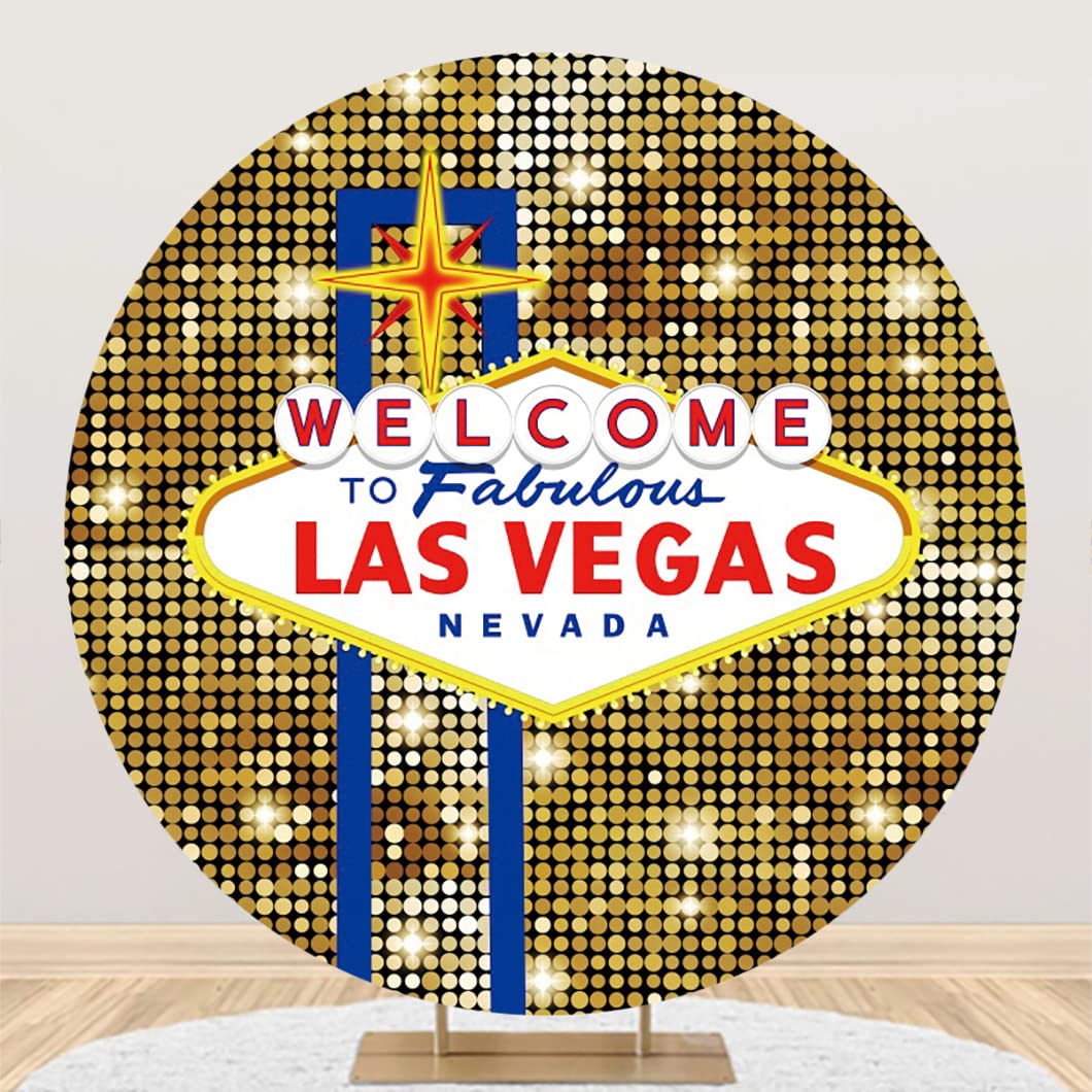 Leyiyi 6x6ft Welcome to Las Vegas Round Backdrop Cover Fabulous Casino Poker Movie Themed Photography Background Las Vegas Party Backdrop Luxury Prom Costume Dress-up Birthday Party Supplies
