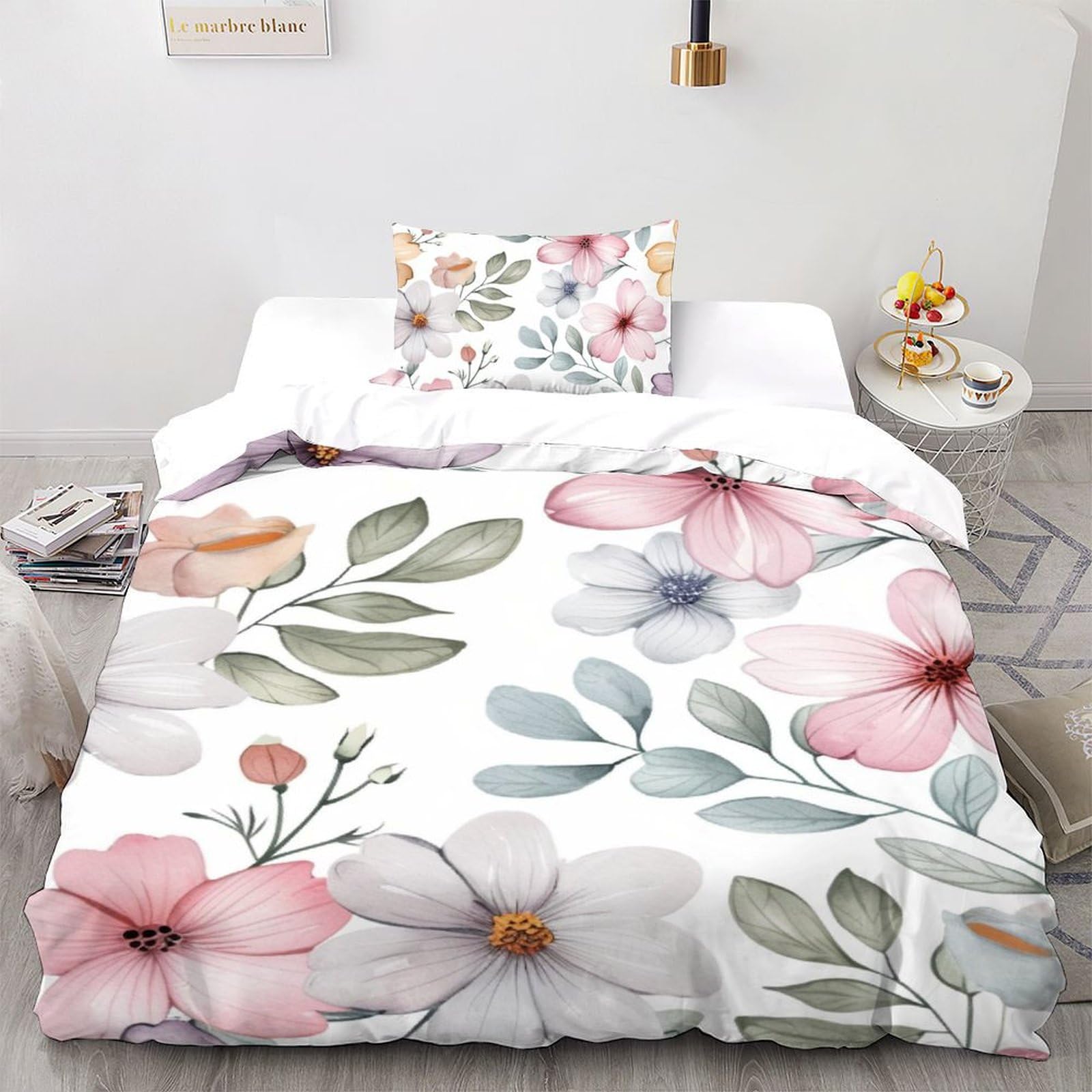 Housse de couette florale single 135x200 cm avec sa taie d'oreiller pour lit une place