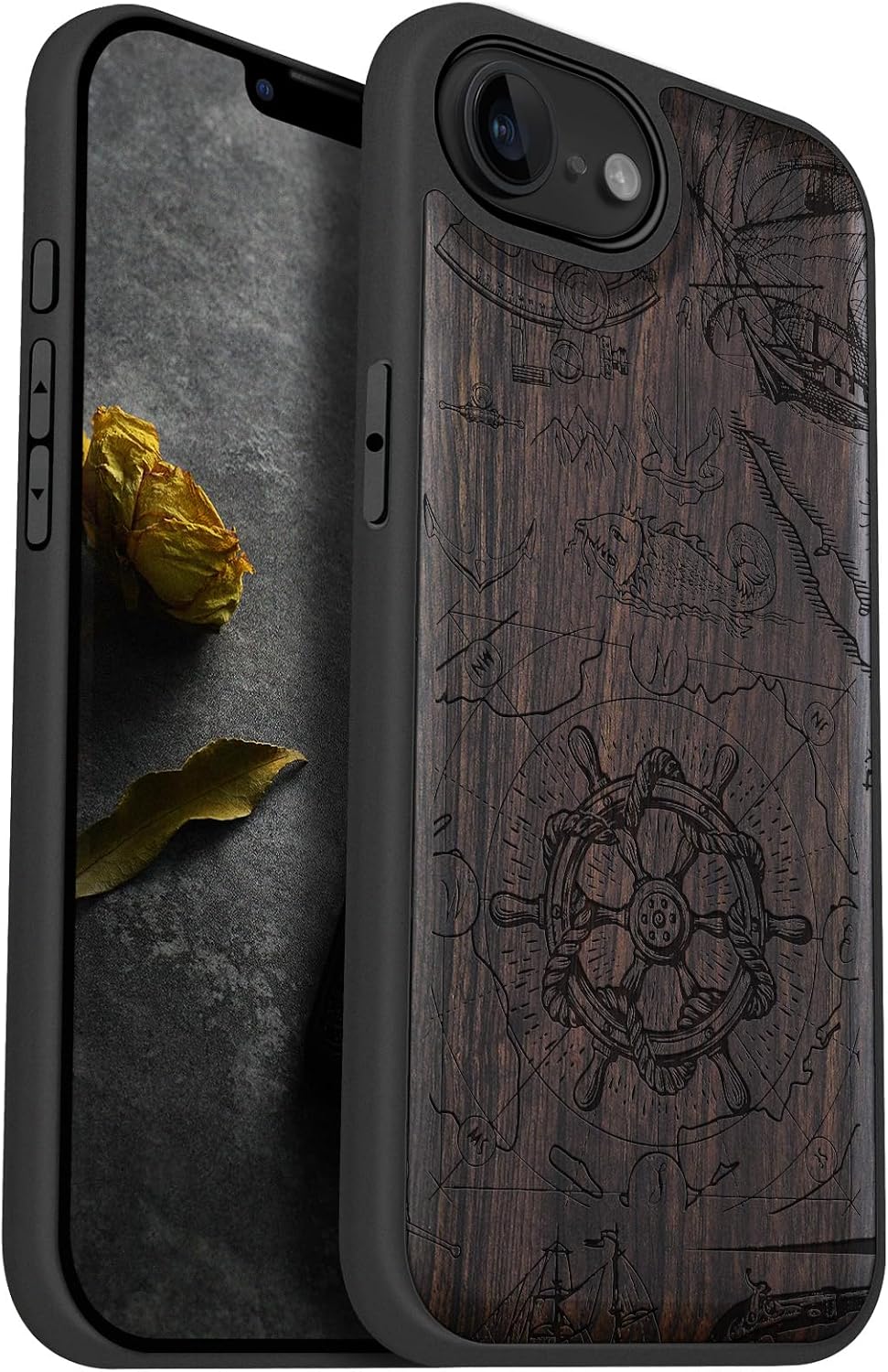Carveit Magnetic Wooden Case for iPhone 16e / 17e, Solid Wood & TPU, Artisan Engraved Design, Shockproof Cover, Compatible with MagSafe Wireless Chargers, Vintage Wooden Wheel - Blackwood
